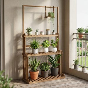 Suporte de madeira para plantas, suporte suspenso para vasos, prateleira para vários vasos de flores, decoração para jardim interno e externo.