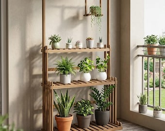Supporto per piante in legno, portavasi sospeso, ripiano multiuso per vasi di fiori, espositore per giardino interno ed esterno.