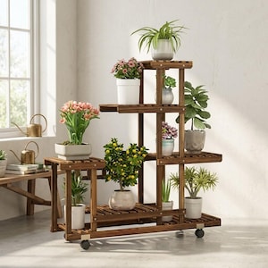 Five-tier rolling flower pot holder displayed on a sunny outdoor patio
