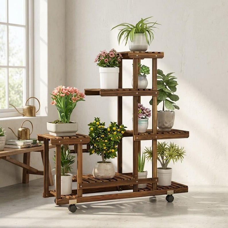 Five-tier rolling flower pot holder displayed on a sunny outdoor patio