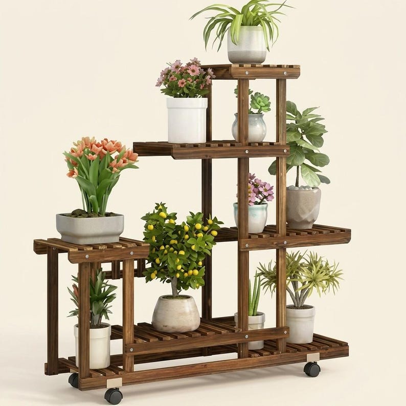Multi-tier wood plant stand holding potted plants against a clean white background