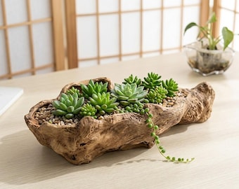 Driftwood Resin Planter, Rustic Succulent Log Pot, Stump Flower Garden Window Sill Housewarming Gift