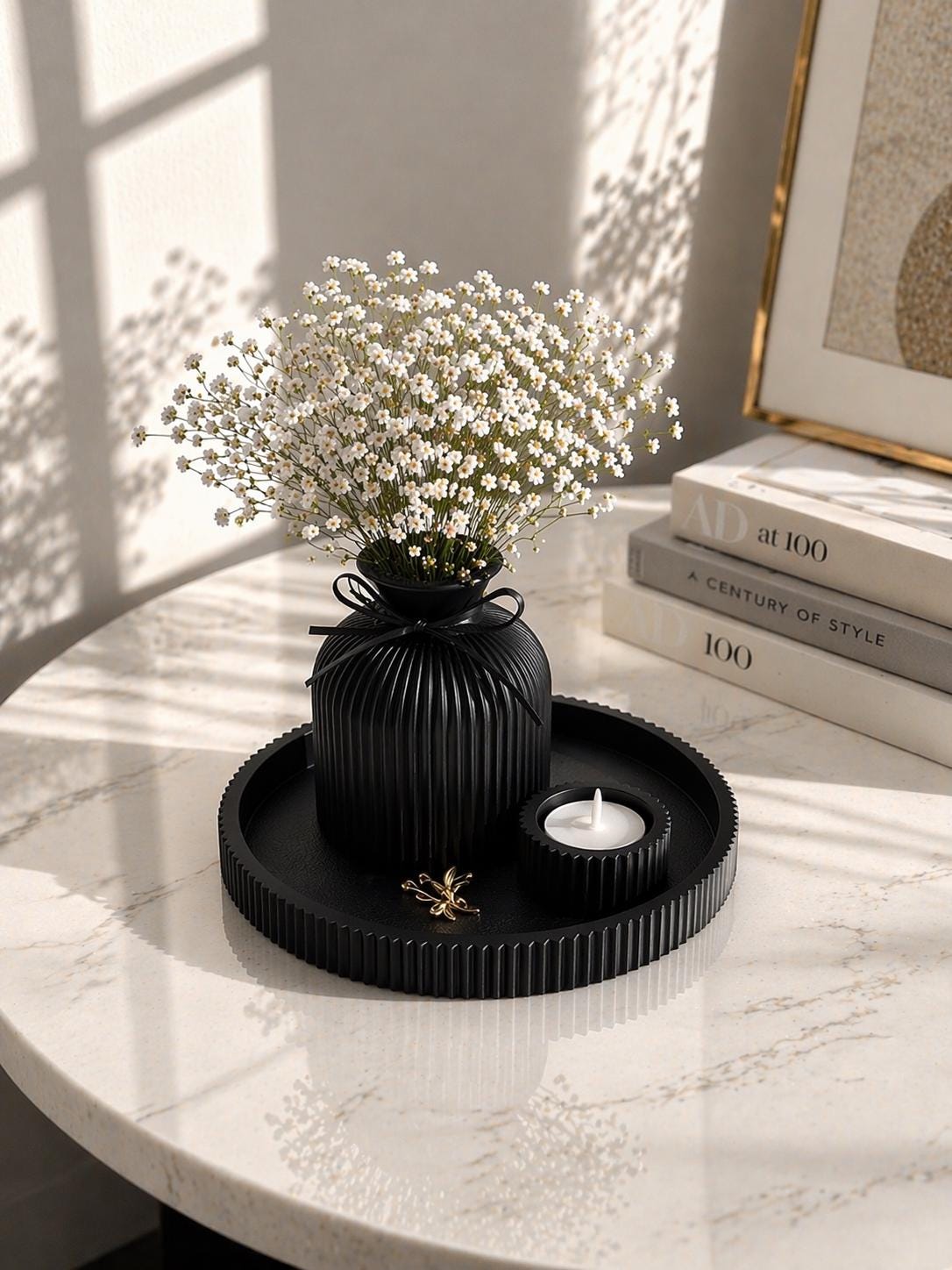 Modern Ribbed Set With Vase, Tray and Tealight Holder, Minimalist Home ...