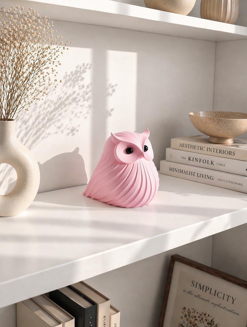 May include: A pink owl figurine with black eyes sits on a white shelf. The owl has a textured, feathered design. A vase with dried flowers and books are also on the shelf. The books are titled "Aesthetic Interiors" and "Minimalist Living".