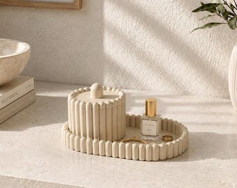 Ensemble plateau et pot de rangement nervurés, décoration d'intérieur neutre, rangement de bijoux, décoration de salle de bain, décoration d'entrée, cadeau pour elle