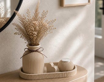 Ensemble côtelé moderne avec vase, plateau et photophore, décoration minimaliste, centre de table basse, cadeau déco pour étagère bohème