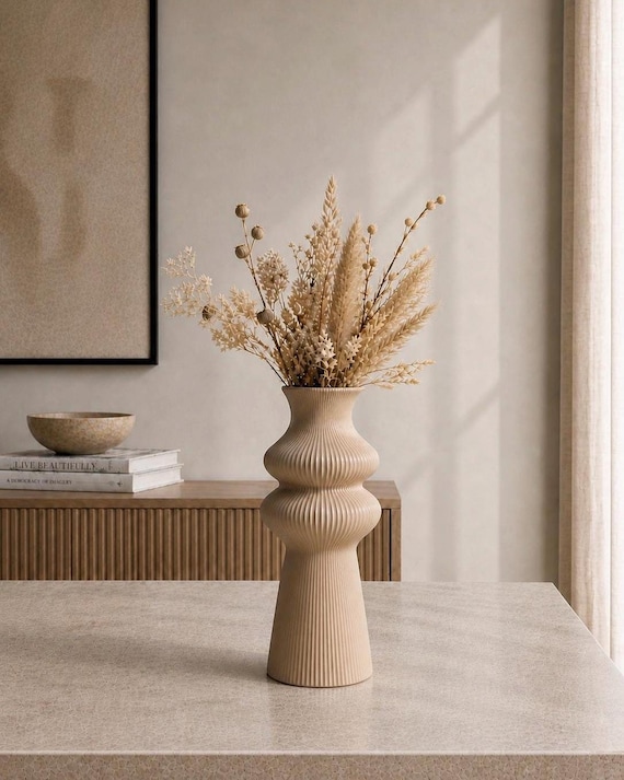 Ribbed Vase, Neutral Home Decor, Pedestal Vase, Minimalist Modern Decor, Japandi Style Vase, Dried Flower Vase