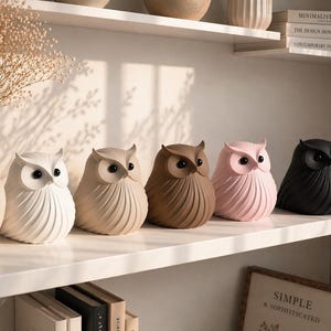 May include: A collection of five owl figurines in varying colors: white, beige, brown, pink, and black. The owl statues have a textured, ribbed design and are displayed on a white shelf. Decorative home decor.