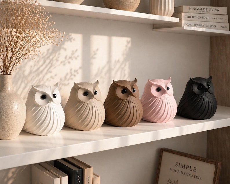 May include: A collection of five owl figurines in varying colors: white, beige, brown, pink, and black. The owl statues have a textured, ribbed design and are displayed on a white shelf. Decorative home decor.