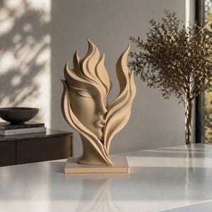 May include: A beige sculpture of a woman's face with flowing, flame-like hair. The artwork is set on a light-colored rectangular base. The sculpture is displayed on a white countertop, with a blurred background featuring a window and a small tree.