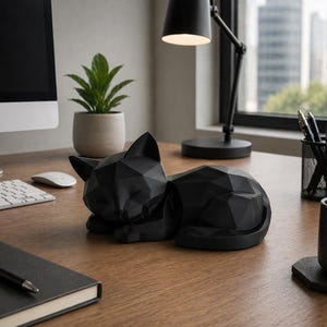 Minimalistisk kattskulpturfigur | Modern geometrisk sovande kattdekor | Neutral heminredning | 3D-utskriven skrivbordshylla | Gåva för kattälskare
