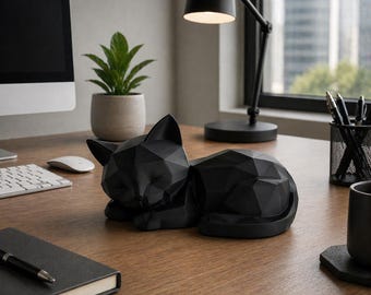 Figurine sculpture de chat minimaliste | Décoration géométrique moderne pour chat endormi | Décoration d'intérieur neutre | Décoration d'étagère de bureau imprimée en 3D | Cadeau pour amoureux des chats
