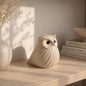May include: A beige owl figurine with black eyes sits on a wooden shelf. The owl has a textured, ribbed body and a minimalist design. Decorative home decor item.