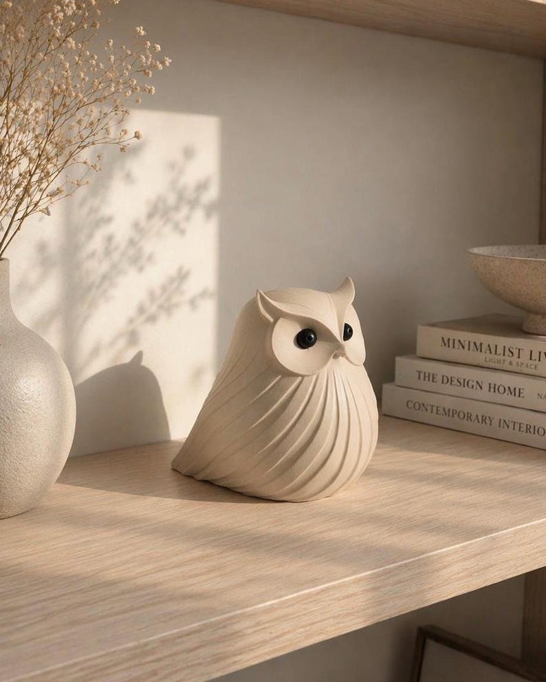 May include: A beige owl figurine with black eyes sits on a wooden shelf. The owl has a textured, ribbed body and a minimalist design. Decorative home decor item.