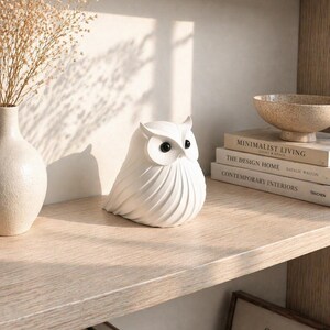 May include: A white ceramic owl figurine with black eyes sits on a wooden shelf. The owl has a textured, feathered design. Other items on the shelf include books, a vase with dried flowers, and decorative bowls. The overall theme is home decor.
