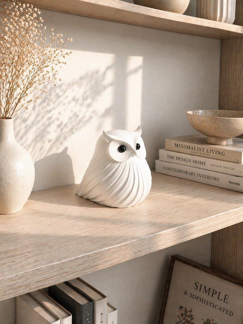 May include: A white ceramic owl figurine with black eyes sits on a wooden shelf. The owl has a textured, feathered design. Other items on the shelf include books, a vase with dried flowers, and decorative bowls. The overall theme is home decor.
