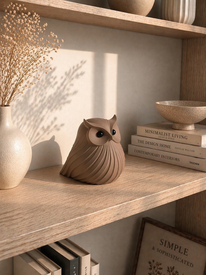 May include: A brown owl figurine with large eyes sits on a wooden shelf. The owl has a textured, ridged body. A vase with dried flowers and books are also on the shelf. The framed text reads "SIMPLE & SOPHISTICATED."