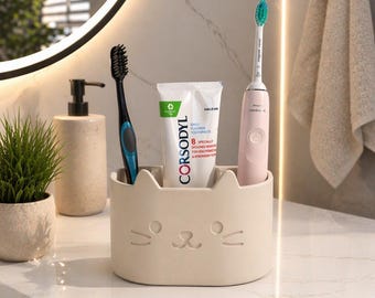 Cat Toothbrush Holder Organizer | Minimalist Bathroom Storage | Cute Toothpaste Holder | Modern Countertop Organizer | Aesthetic Home Decor