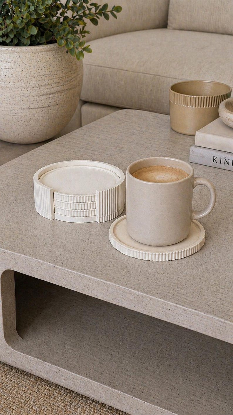 May include: A beige ceramic mug with a saucer, filled with a warm beverage, sits on a light gray table. A set of matching coasters is nearby. The scene suggests a cozy, relaxing atmosphere, perfect for enjoying a hot drink.