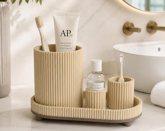 Ribbed Bathroom Organiser Set, Toothbrush Holder, Vanity Storage Tray, Modern Bathroom Counter Decor
