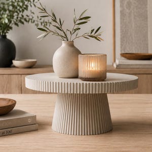 Présentoir sur pied nervuré, rehausseur décoratif moderne, élément de décoration sculpturale et neutre.