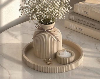 Modern Ribbed Set with Vase, Tray and Tealight Holder,  Minimalist Home Decor, Coffee Table Centrepiece, Boho Shelf Styling Gift