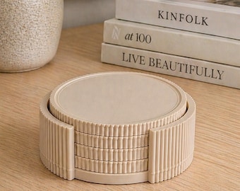 Ensemble de sous-bocks modernes côtelés avec support, sous-bocks minimalistes, décoration d'intérieur neutre, accessoires de table basse, cadeau de pendaison de crémaillère