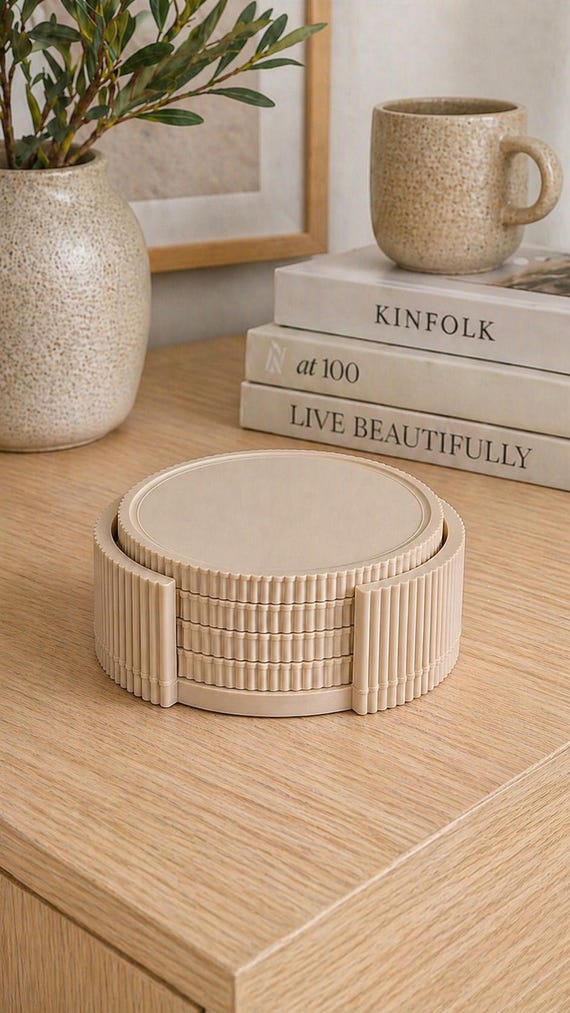 Modern Ribbed Coaster Set with Holder, Minimalist Drink Coasters, Neutral Home Decor, Coffee Table Accessories, Housewarming Gift
