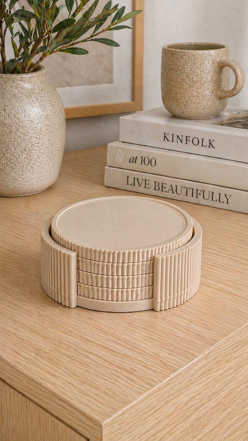 May include: A stack of beige coasters with a ribbed edge, sitting on a light wood surface. A matching beige mug and books are in the background. A vase with greenery is also visible.