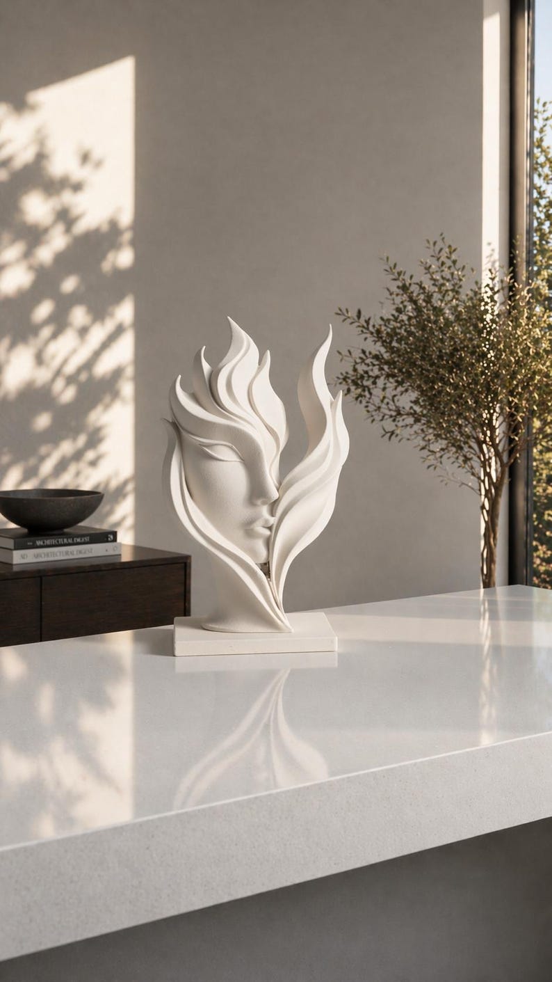 May include: A white sculpture of a serene face emerging from stylized flames. The artwork is set on a white rectangular base, with soft shadows and natural light enhancing its form. The sculpture is a decorative piece.