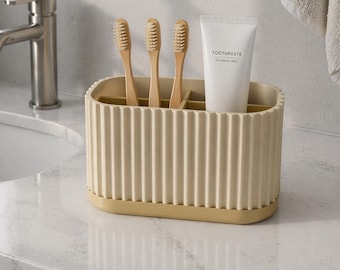 Organiseur de salle de bain côtelé minimaliste | Support pour brosse à dents | Rangement pour meuble-lavabo moderne | Décoration neutre Japandi | Organisateur d'évier de comptoir