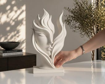 Sculpture de visage abstrait, décoration moderne et minimaliste, statue architecturale neutre, décoration contemporaine pour étagères, décoration inspirée du visage flammé