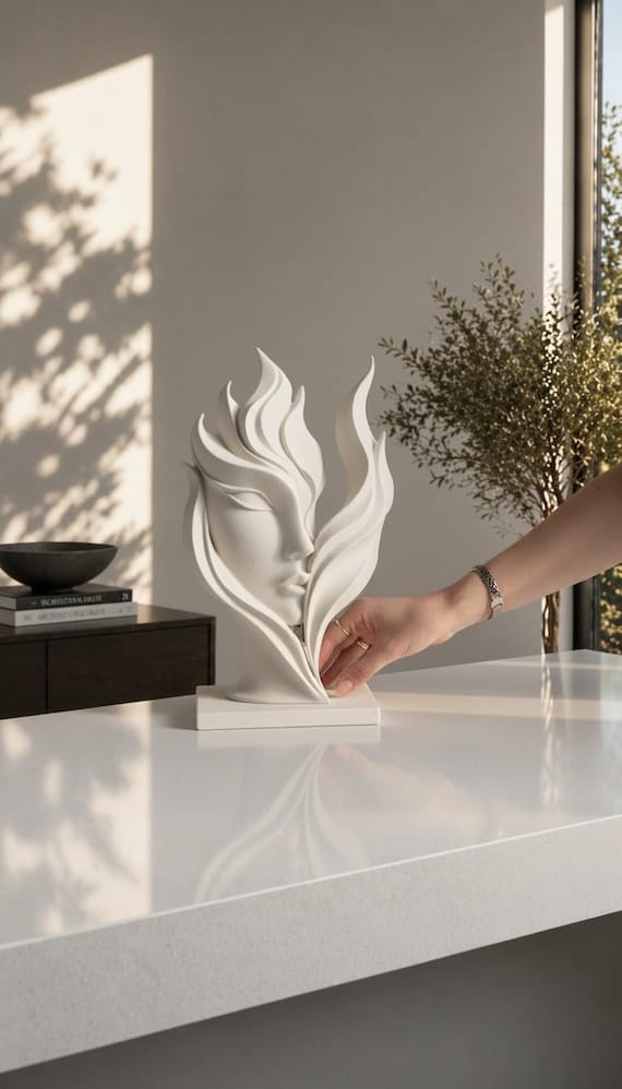 Abstract Face Sclupture Decor Modern Minimalist Statue Architectural Neutral Home Accent Contemporary Shelf Decor Flame Face Inspired Design
