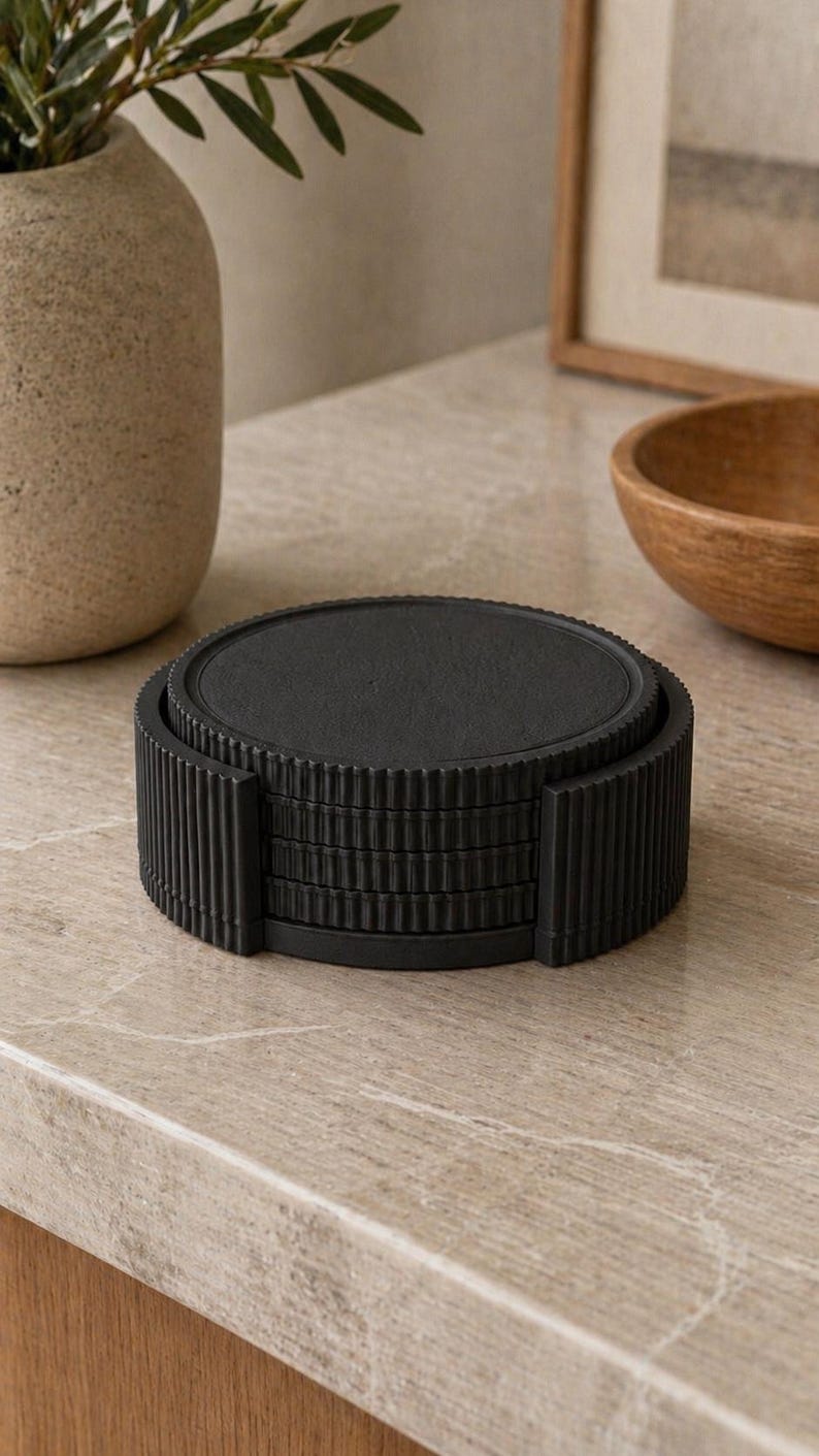 May include: A set of six black coasters with a ridged, vertical design on the sides. The coasters are stacked in a holder, and the top coaster is visible. The coasters are made of a matte black material and are designed to protect surfaces from drink rings.