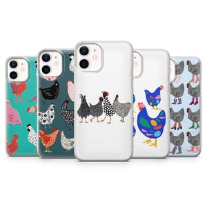 May include: A collection of phone cases with colorful chicken designs. The cases feature various patterns, including polka dots, solid colors, and detailed illustrations of chickens. The cases are white, teal, and blue.