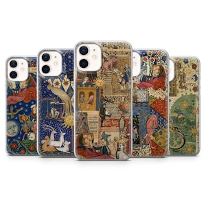 May include: Five clear phone cases featuring intricate medieval-style manuscript illustrations. The designs include mythical creatures, celestial bodies, figures in historical attire, and ornate floral patterns. One case displays the text Think Celestial.