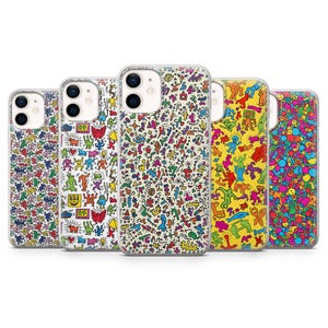 May include: Five phone cases with vibrant, abstract designs. The cases display patterns of shapes and figures in red, blue, yellow, green, and other colours. The cases are designed to fit a smartphone.