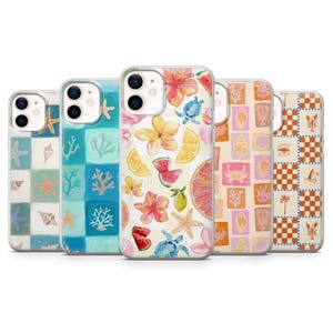 May include: Five phone cases with bright, summery designs. The cases display patterns of seashells, starfish, coral, flowers, fruit, and turtles. The cases are clear with a glossy finish.