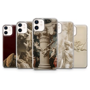 May include: Five clear smartphone cases featuring classical art prints. Designs include a dark red background with a wing, a close-up of a marble statue face, a central fluted column with figures, a seated figure in a landscape, and a small cherub.