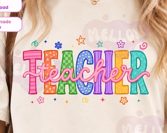 Teacher PNG Teacher Appreciation Shirt Design Preppy Gift for Teachers Hand Drawn PNG Back to School Polkadots Checkered Teacher Sublimation