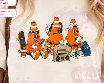 Retro Traffic Cone PNG Funny Skater Cone Friends Shirt Design 90s Streetwear PNG Trendy Teen Boys Sublimation Digital Download