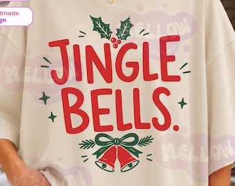 Christmas Jingle Bells PNG, Retro Holiday Shirt Design, Vintage Christmas Bells, Holly Berry Bow Graphic, Festive Xmas Sublimation Png