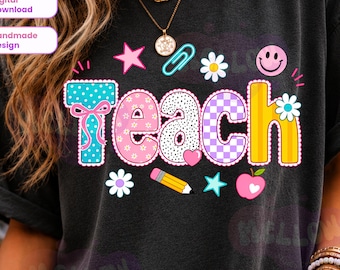 Teach PNG, Polka Dot Teacher PNG, Preppy Coquette Teacher Design, Teacher Mama Sublimation, Grandmacore School Clipart, Back to School PNG