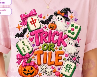 Trick or Tile Halloween Mahjong PNG, Spooky Mahj Social Club Shirt, Mahjong Tiles Ghost Pumpkin Sublimation, Trending Mahjong Lover Gift