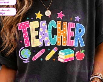 Teacher PNG, Teacher Appreciation Shirt Design, Teacher Preppy Png, Hand Drawn PNG, Back to School Polkadots Checkered Teacher Sublimation