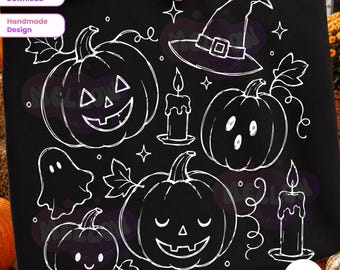 Halloween Pumpkin PNG SVG, Spooky Pumpkin Doodle, Witch Hat Ghost SVG, Hand Drawn Halloween Clipart, Fall Sublimation Design, Cricut File