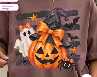 Halloween Pumpkin PNG, Striped Spooky Season PNG, Cute Ghost Witch Hat PNG, Jack O Lantern Bow Design, Retro Halloween Sublimation
