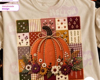 Pumpkin Patchwork PNG, Vintage Fall Pumpkin PNG, Floral Quilt Autumn Design, Cottagecore Pumpkin Sublimation, Cozy Thanksgiving Shirt PNG