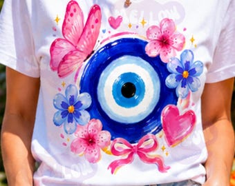 Coquette Bow Evil Eye PNG | Preppy Butterfly Bow Clipart | Summer Shirt Brushstroke PNG | Y2K Trending Shirts Print On Demand Lucky Charm
