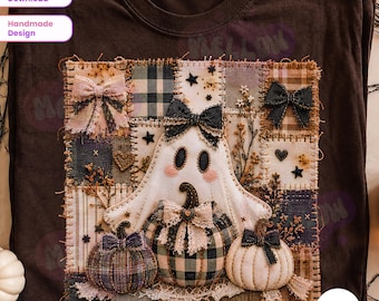 Beige Halloween Ghost PNG, Faux Yarn Texture Halloween, Patchwork Pumpkin Spooky Season Halloween Sublimation, Rustic Fall Shirt Design